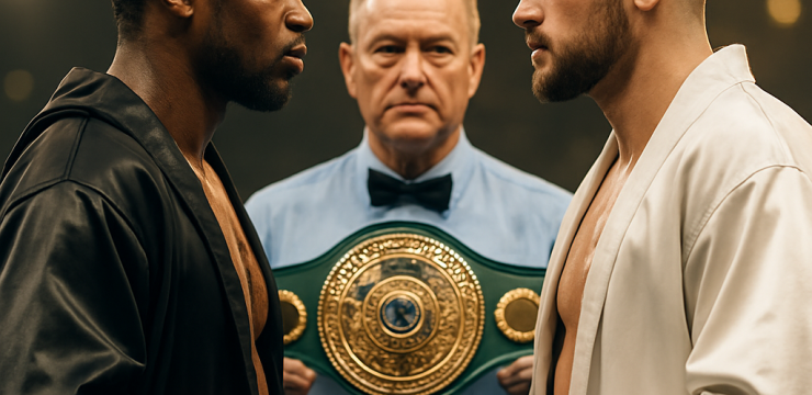 Two professional boxers face off in the ring before a championship bout, with a