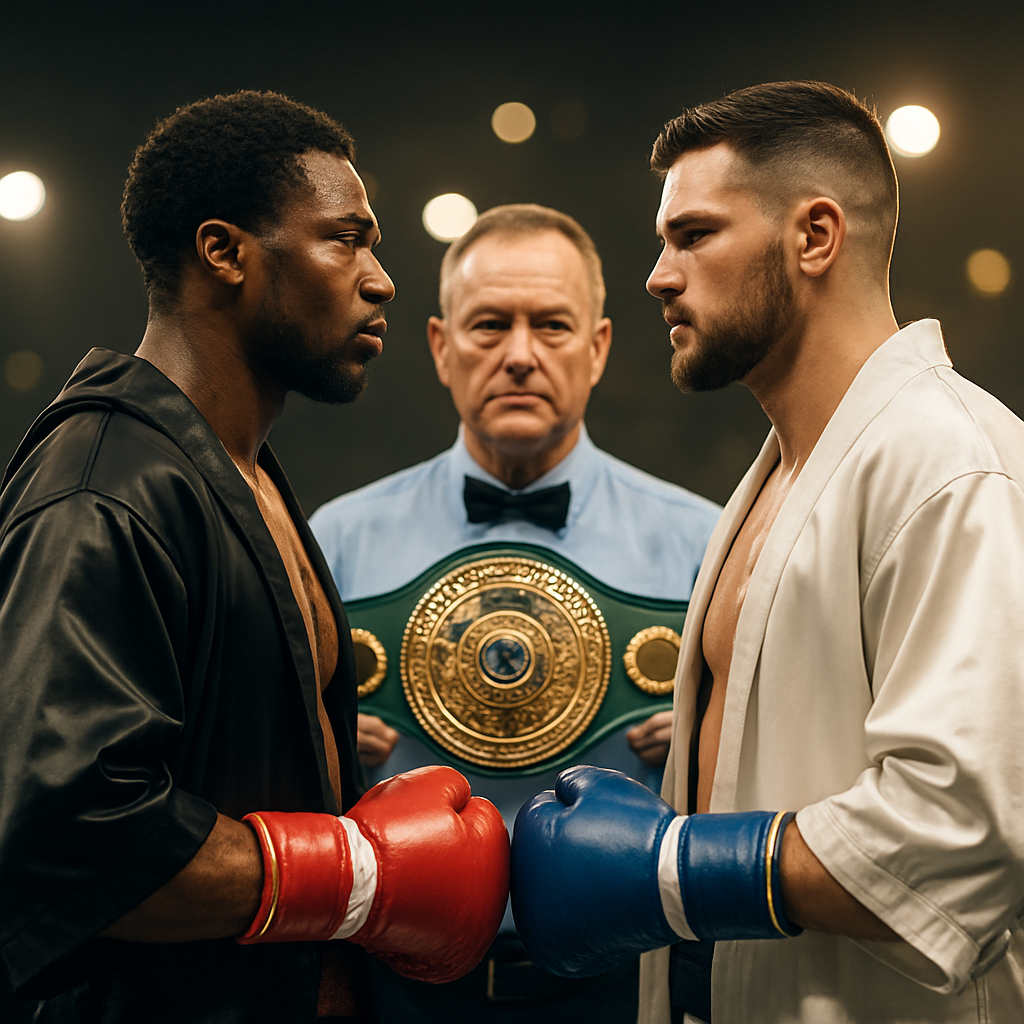 Two professional boxers face off in the ring before a championship bout, with a