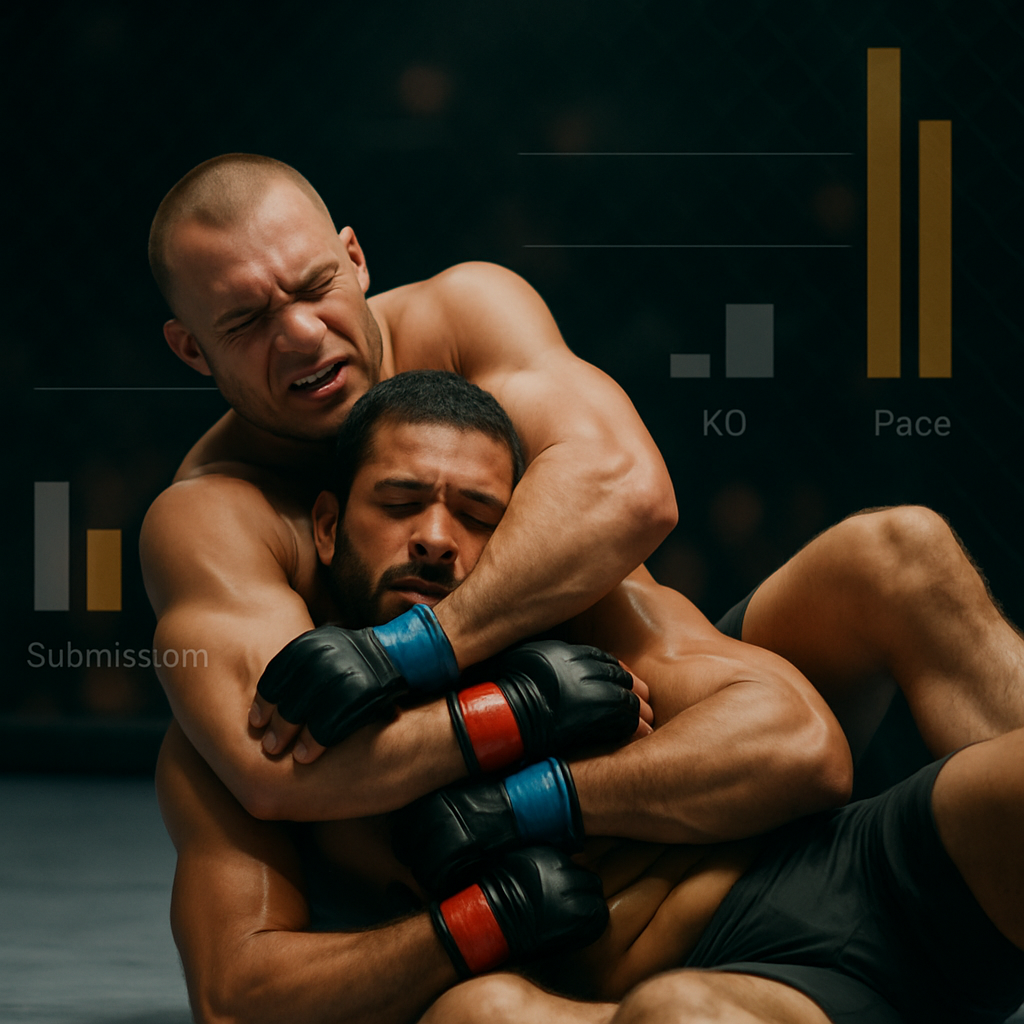 Two MMA fighters grapple on the mat as a subtle graphic compares knockout and