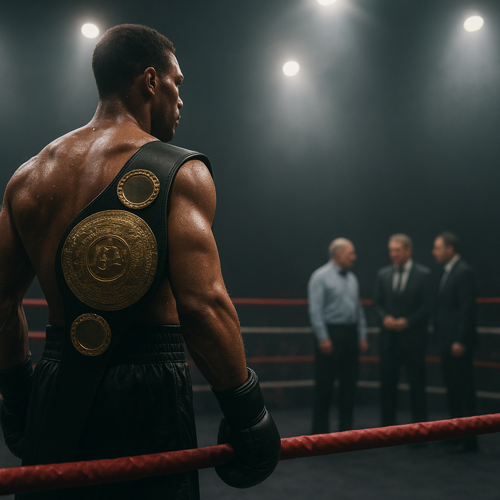 A boxing champion wearing a title belt waits in the ring while officials confer
