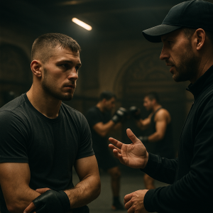 A fighter listens to a coach in an MMA gym as teammates train in