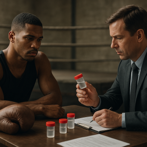 A combat-sports athlete sits beside sealed testing samples as an official reviews anti-doping paperwork