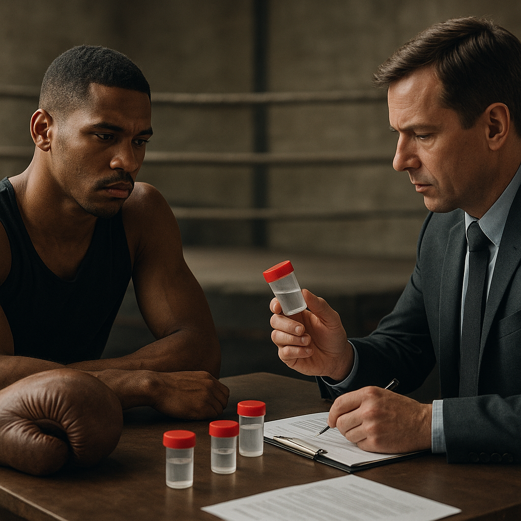A combat-sports athlete sits beside sealed testing samples as an official reviews anti-doping paperwork
