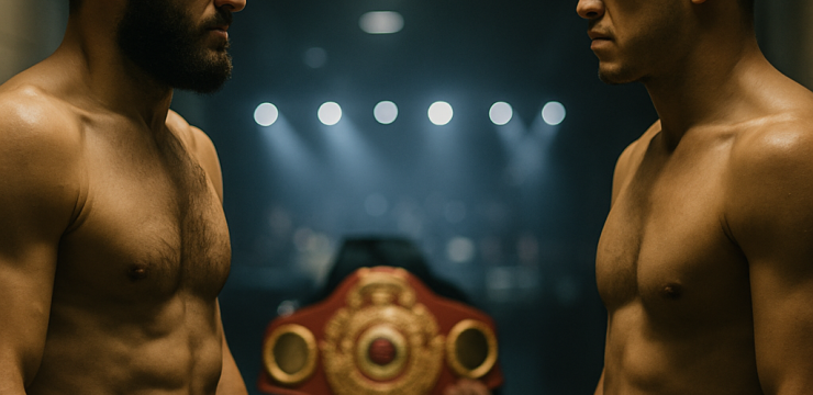 Two heavyweight rivals face each other in an arena corridor, with a championship belt