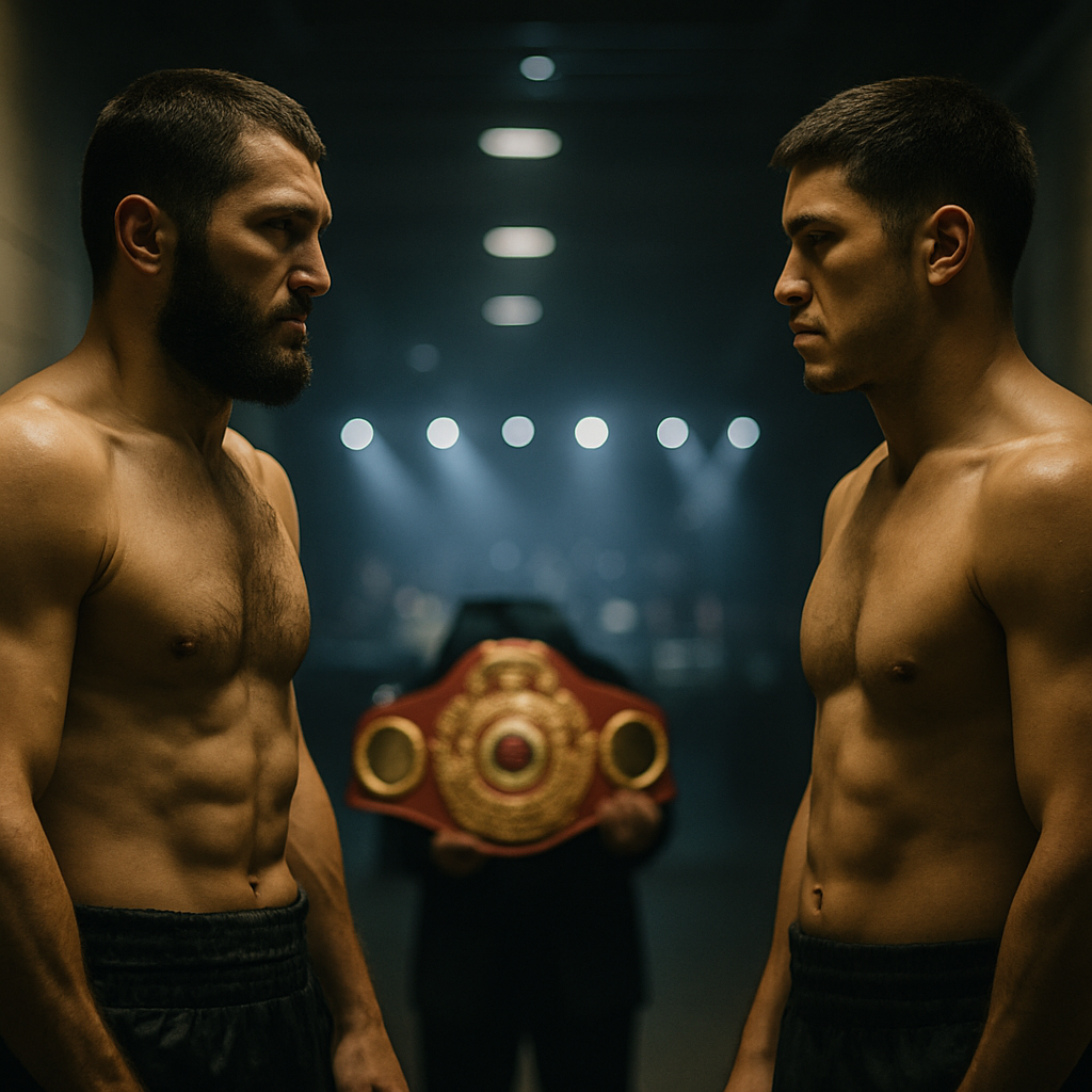 Two heavyweight rivals face each other in an arena corridor, with a championship belt