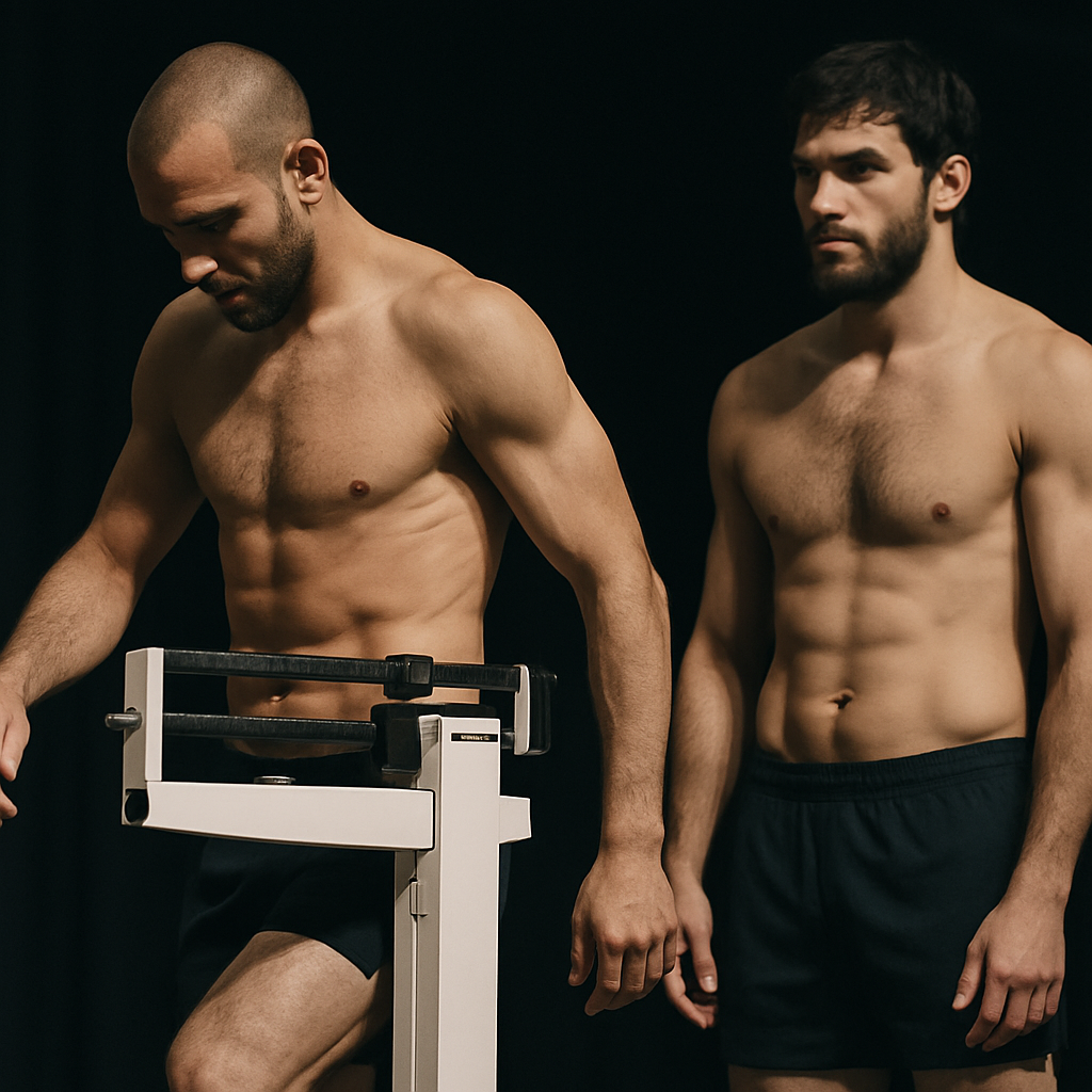 Anonymous fighters at a Las Vegas weigh-in stage ahead of UFC Fight Night 194.