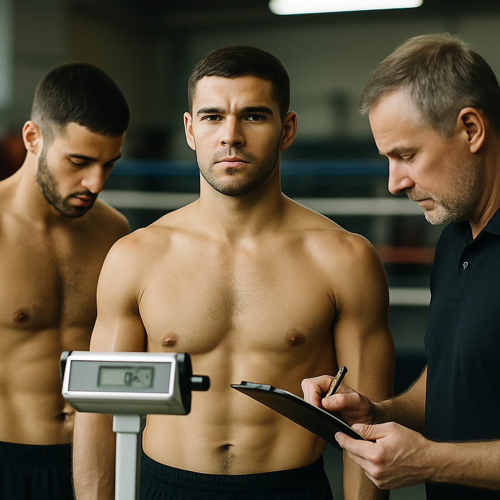 Two boxers complete an official weigh-in as an official checks the scale and records