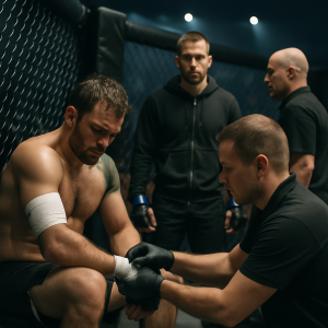 An injured MMA fighter is examined by a ringside medic as a potential replacement