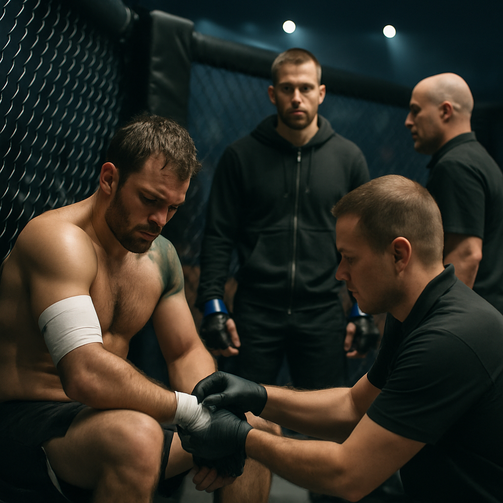 An injured MMA fighter is examined by a ringside medic as a potential replacement