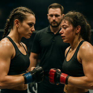 Two women MMA fighters face each other in the arena after a tactical, hard-fought