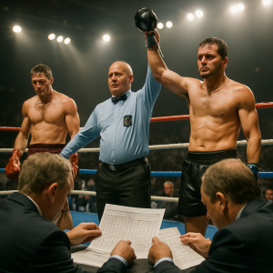 After a close boxing match, judges’ scorecards are reviewed as the referee announces a